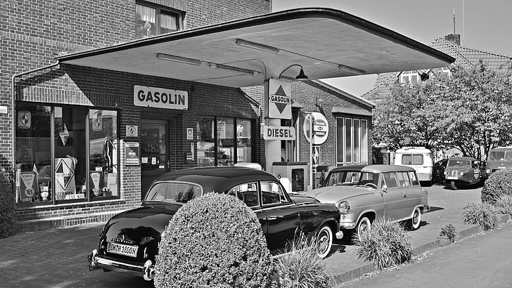 Vintage Gas Station Black White