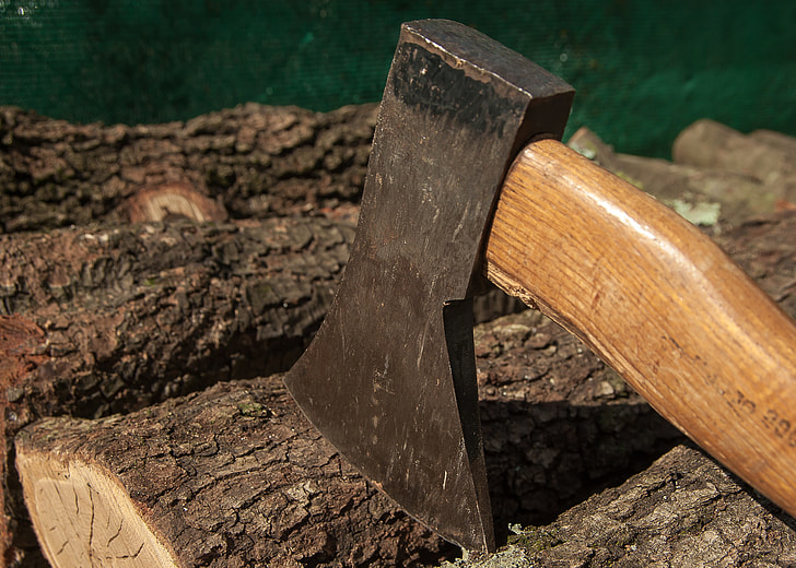 closeup photo of brown and black ax placed on brown wood log