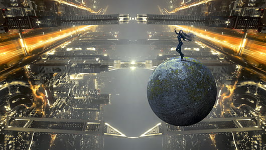 woman standing in earth globe digital wallpaper