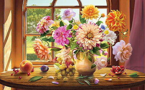 flowers in vase on top of table painting