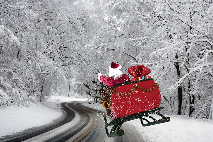 Santa Claus riding on carousel on snow covered trees and road