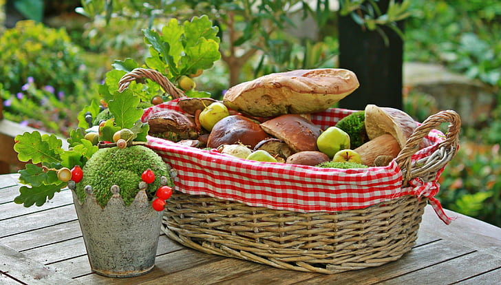 baked breads in basket on table