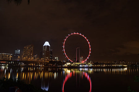 panorama photo of buildings beside ferris wheel during night time