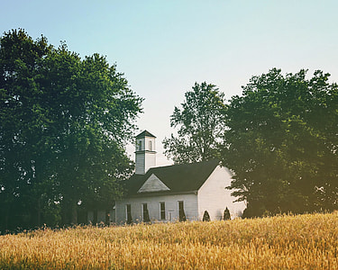 church surrounded by grass and trees under clear skies