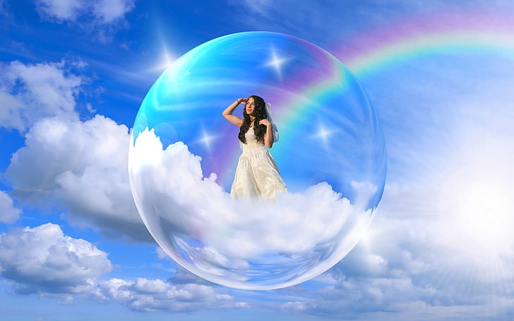 woman in white dress inside bubble
