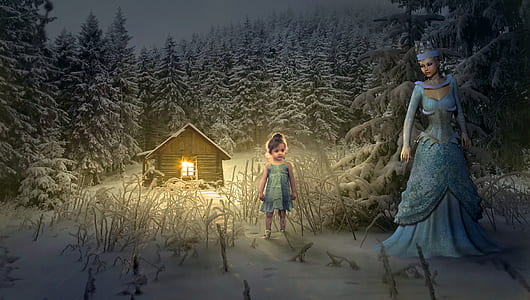 woman and girl standing beside tree during nighttime