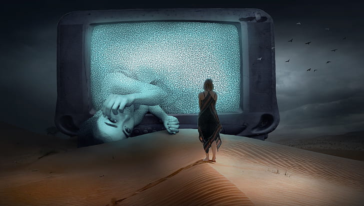 woman standing watching in the giant CRT television
