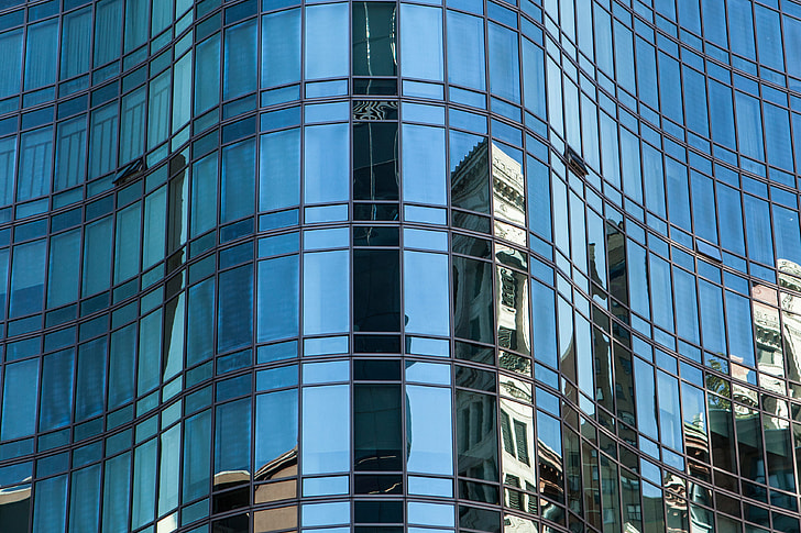 Reflected details on a glass building in Manhattan, New York City