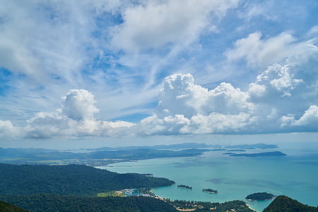 aerial photography of green mountain surrounded by body of water