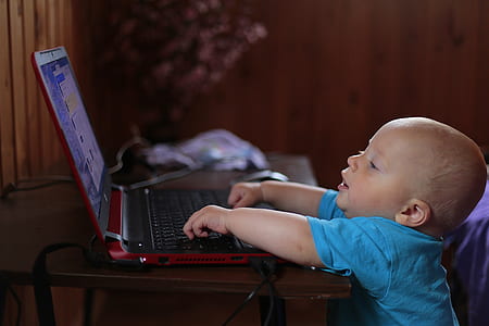 toddler wearing blue shirt using laptop computer