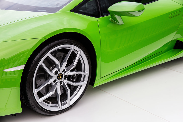 A bright green Lamborghini sports car