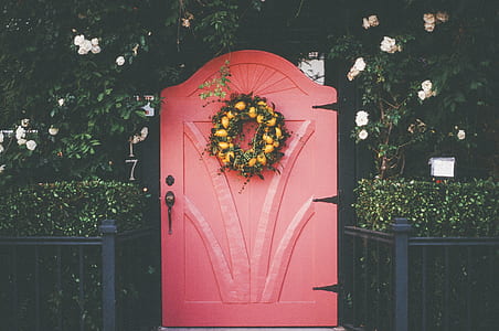 closeup photo of pink wooden door with green floral wreath