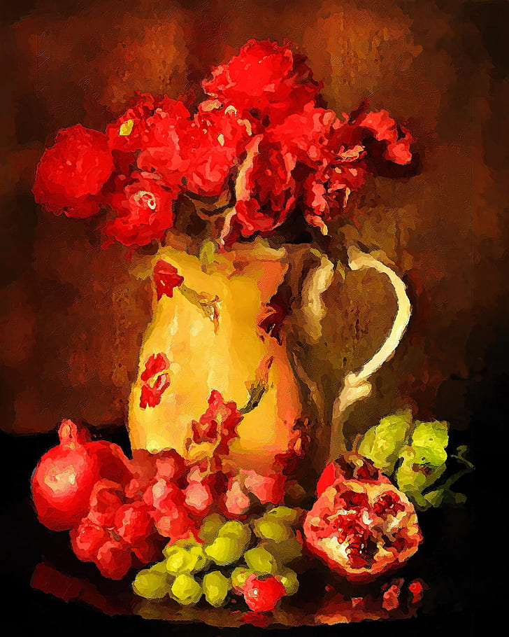 red roses in brown vase painting