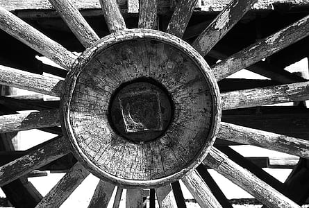 Grayscale Photography of Carriage Wheel