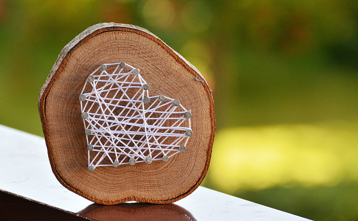 selective focus photography of brown wood log with white heart stringart