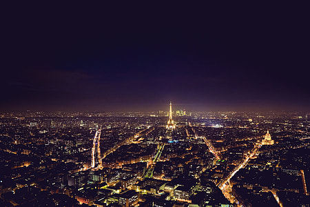 Night view over Paris in France with Eiffel Tower