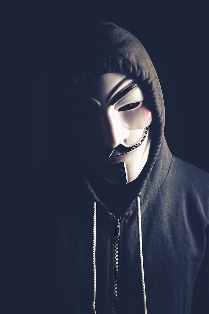 person in Guy Fawkes mask and grey zip-up drawstring hoodie