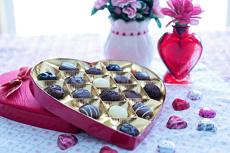chocolates in red heart box