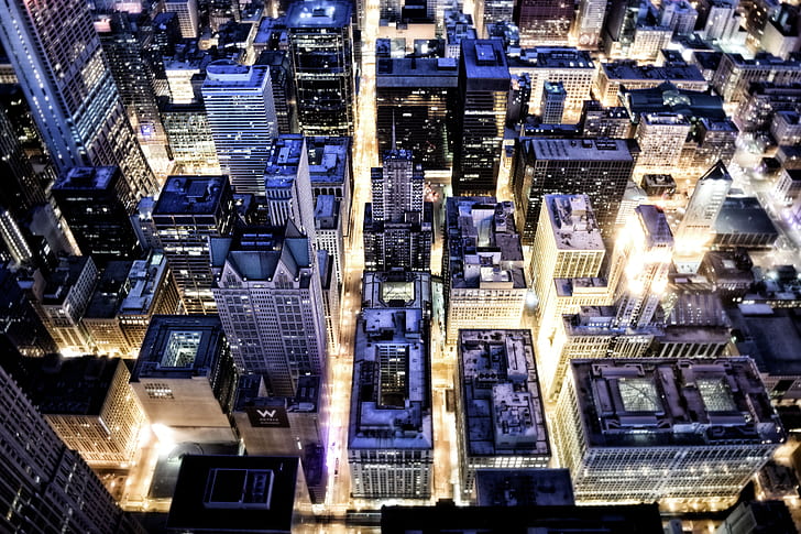 aerial view of high-rise buildings at nighttime