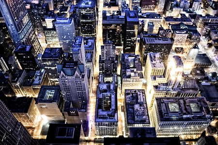 aerial view of high-rise buildings at nighttime