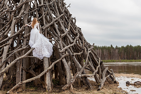 woman wearing dress on tree stump artwork near body of water