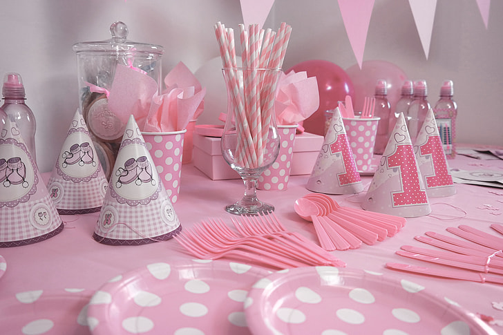 white and pink party hat set