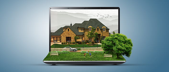 black laptop computer with green grasses and trees near brown and grey house during daytime display