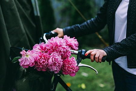 Woman holding a bicycle with beautiful pink flowers in the basket