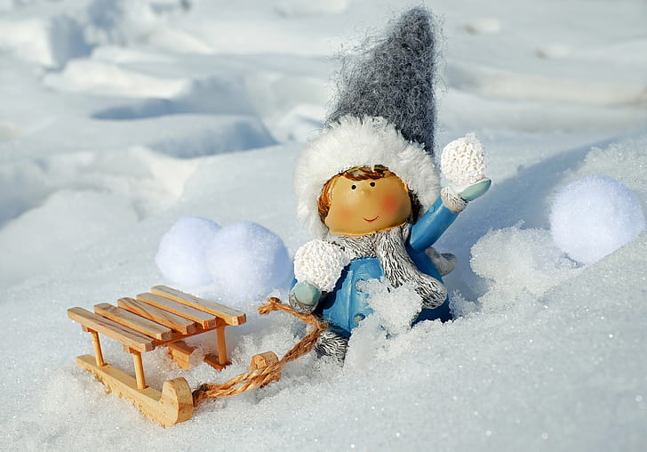 gray and blue dressed doll with sled on snow