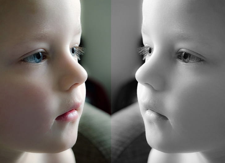 collage photo of toddler's in colored and black and white