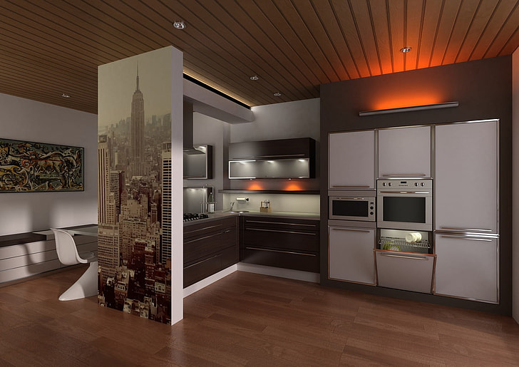 white kitchen with Empire State building painting