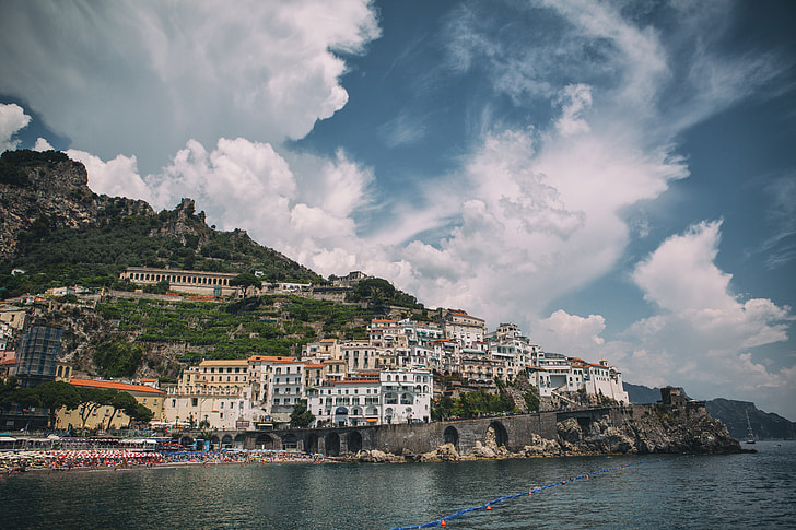 Wide angle shot taken from the pier looking back at Amalfi town on the gorgeous Amalfi Coast in Italy