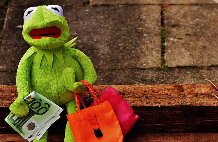 Hermit the Frog plush toy holding banknote