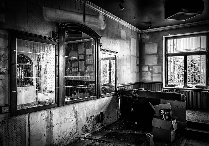 grayscale photography inside house