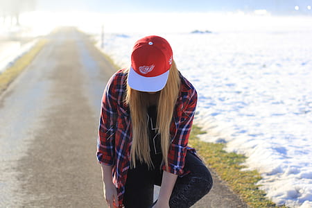 women's red and white snapback cap