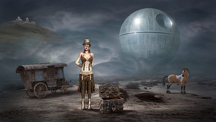 woman standing beside chest box with Star Wars Death Star background digital wallpaper