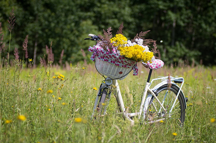 white step through bike with basket full of flowers