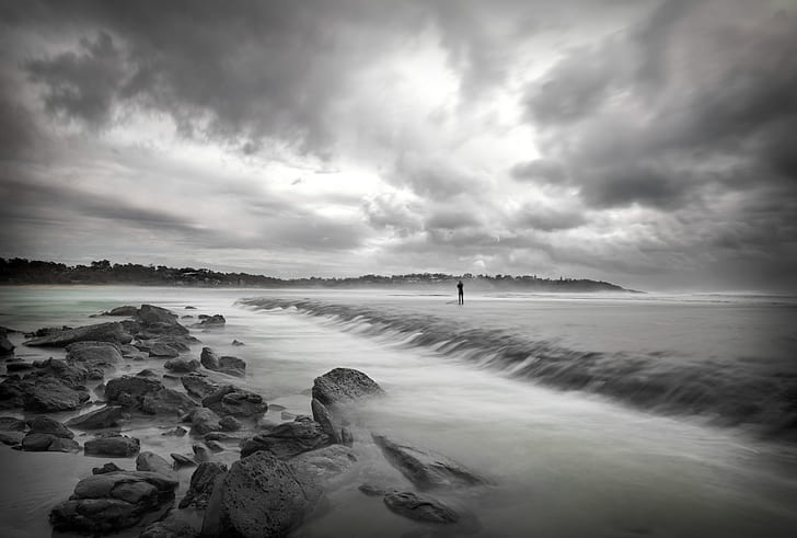 grayscale photography of seaside