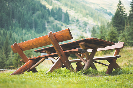 Wooden Picnic Seating Area in the Middle of Mountains