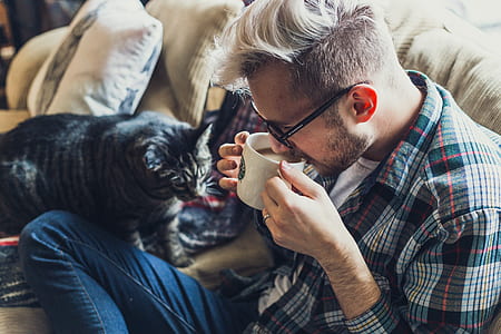 man drinking coffee near gray Tabby cat