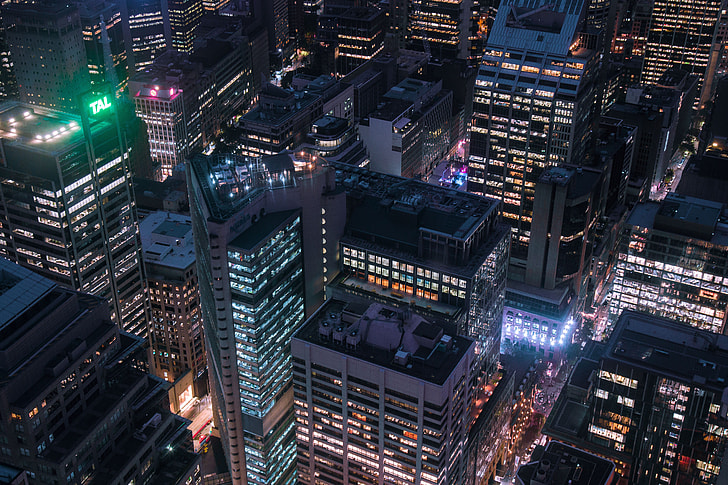 Aerial shot of city buildings at night