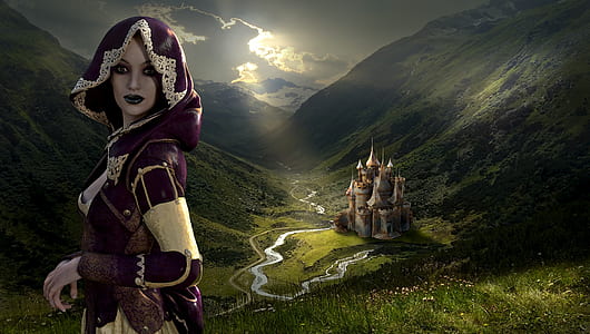 woman wearing purple and beige medieval dress with castle background