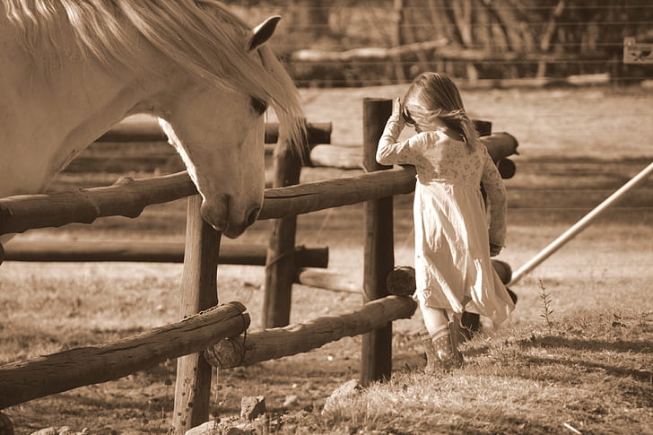 sepia photography of girl standing near horse