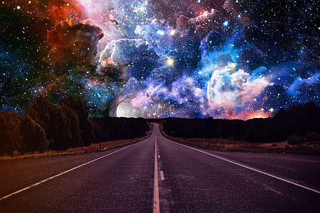 long road photography with nebula skies