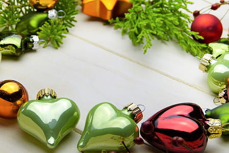 green red hearts baubles