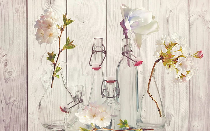 white petaled flowers on clear glass bottles
