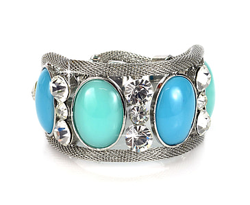 silver-colored blue and teal gemstone bracelet