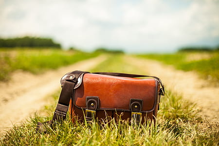 selective focus of brown leather bag on grass field