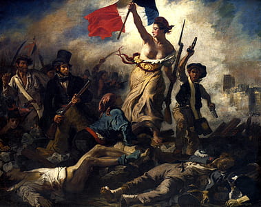 painting of woman holding flag surrounded by soldiers
