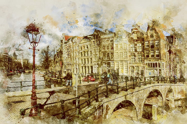 bridge with buildings and post lamp painting